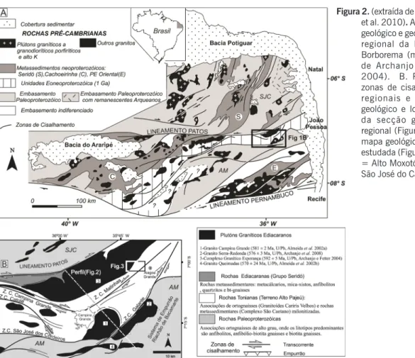 Figura 2. (extraída de  Rodrigues  et al. 2010). A. Contexto  geológico e geotectônico  regional da Província  Borborema (modificado  de Archanjo e Fetter  2004)