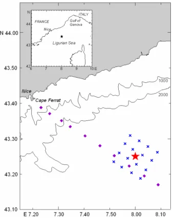 Fig. 1. Location of sampling site (red star) and grid of stations (blue crosses) of the DY- DY-NAPROC 2 cruise.