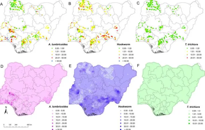 Fig 1. Spatial distribution of soil-transmitted helminth infections in Nigeria. A) Observed prevalence of A 