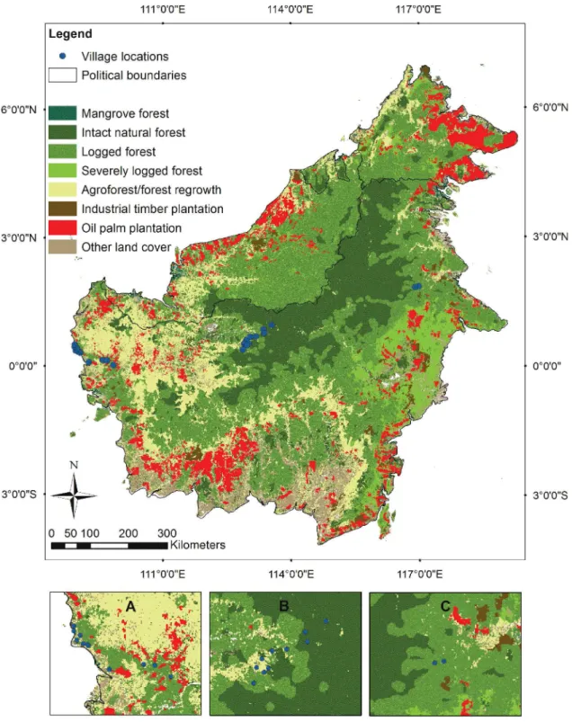 Figure 1. Surveyed villages in Kalimantan, Indonesian Borneo with land cover (2010) classes