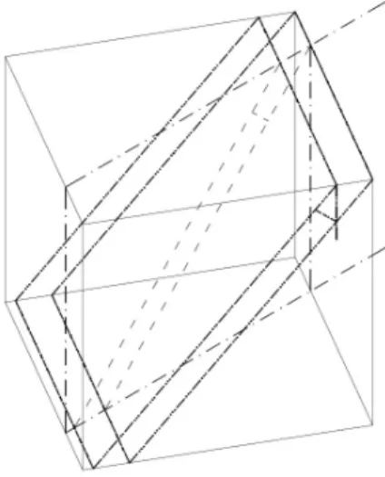 Figura 4. Resolução em 3D da camada do problema 2,  representando sua espessura e profundidade (traço  e três pontos), o corte na direção E-W (traço-ponto),  e o mergulho aparente (tracejado) 