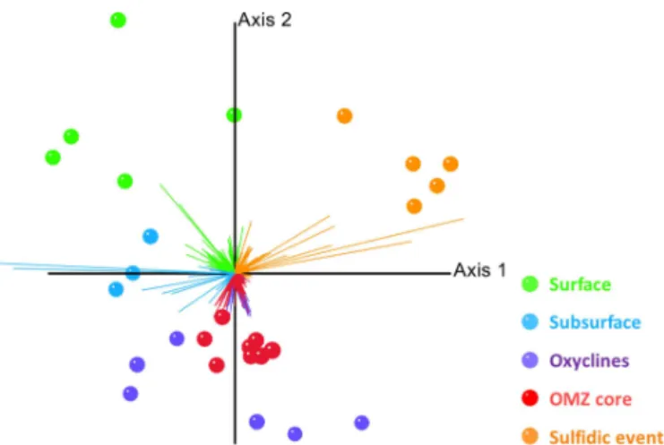 Figure 4. Redundancy analysis ordination model of microbial taxa (vectors) identified from pyrosequencing reads of multiple samples (points) in the ETSP