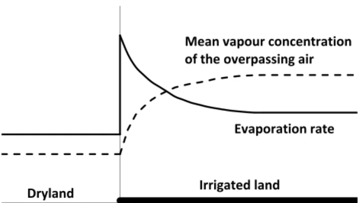 Fig. 1. Conceptual representation of the effect of advected air pass- pass-ing from dryland over an irrigated area.