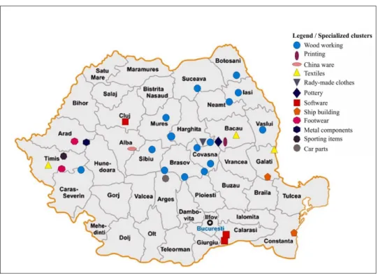 Fig. 2. Map of the emerging clusters in Romania 