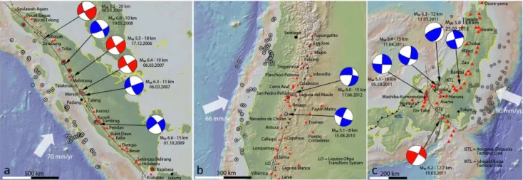 Fig. 2. Maps of Sumatra, Chile, and Japan showing locations of shallow aftershock events that followed the mega-thrust events of Sumatra (M8.7, M8.4, M7.9), Maule (M8.8), and Tohoku (M9.0)