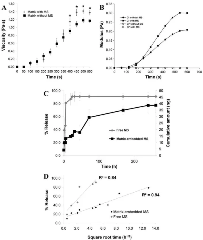 Fig. 2. Matrix-microsphere effects. After microsphere (MS) impregnation into collagen matrix, rheological properties  of the matrix were altered: time to gelation was reduced by 16 %, and viscosity increased by 22 % (A; n = 10)