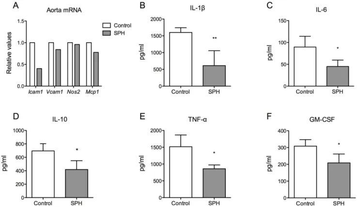 Figure 3. Levels of mRNA expression in aorta and inflammatory mediators in plasma in apoE 2/2 mice fed a high-fat diet (control) or a diet with 5% SPH for 12 weeks