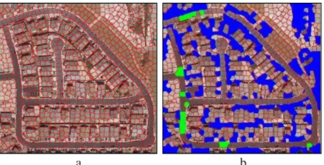 Figure 4. Markers refinement. a) Super-pixel segmentation  result; b) Refined markers 