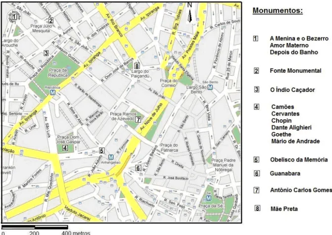 Figura 1. Mapa do centro de São Paulo e a localização dos monumentos do roteiro (Extraído e modificado de http://www.sp- http://www.sp-turismo.com/capital-interativo.htm)