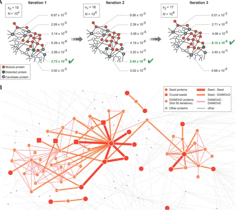 Fig 2. The DIAMOnD algorithm. (A) At each step of the iterative algorithm, the connectivity significance of all immediate neighbors of disease proteins is calculated