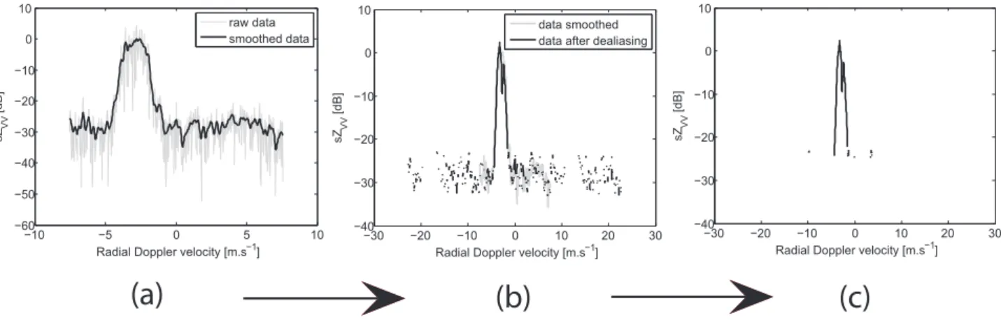 Fig. 3. TARA processing steps performed on sZ V V (v): (a) raw data and smoothed data, (b) correction for spectral aliasing and non- non-simultaneous polarimetric measurements (the smoothed data from Fig