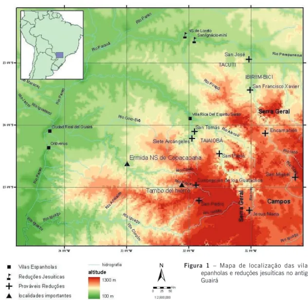 Figura  1  –  Mapa  de  localização  das  vilas  epanholas e reduções jesuíticas no antigo  Guairá