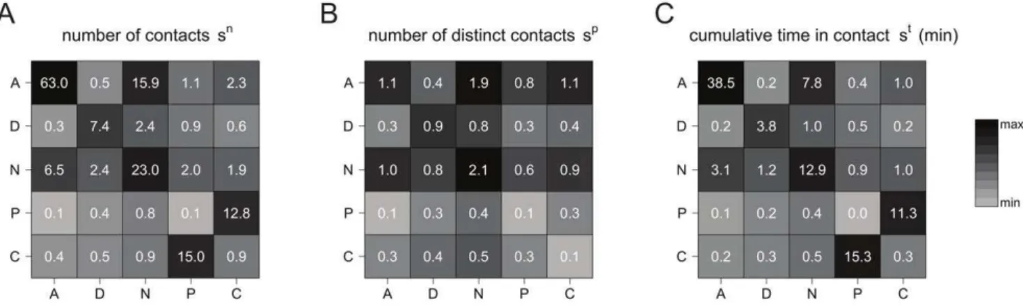 Figure 5. Contact matrices defined on the classes of individuals. Matrices are displayed for the number of contacts s n (panel A), the number of distinct contacts s p (panel B), and the cumulative time in contact s t (panel C)