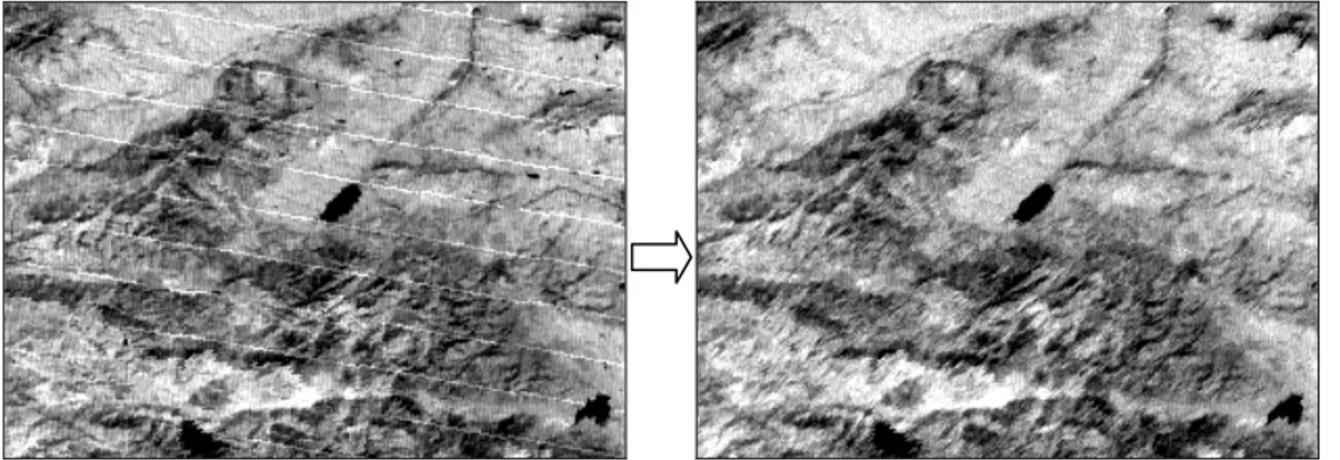 Fig. 5 Comparison of Band 5 albedo images before (left) and after destriping  Fig. 5. Comparison of Band 5 albedo images before (left) and after destriping.