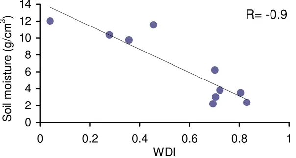Fig. 9. The average WDI estimates vs. the average ground observations in 10 dates (R is the correlation coe ffi cient).