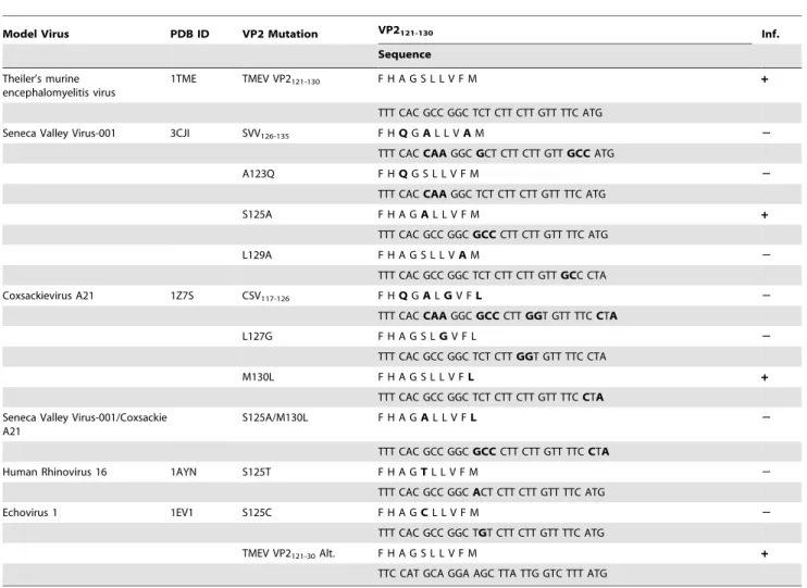 Table 1. VP2 121-130 mutants.