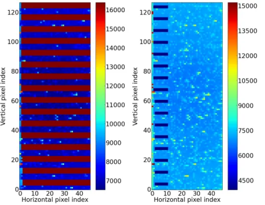 Fig. 6. Two examples of raw data frames a ﬀ ected by spikes. The colour code shows the intensity in ADC counts
