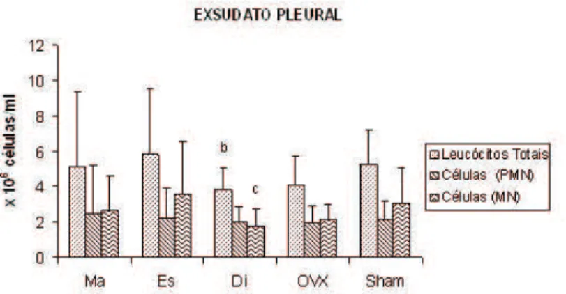 Figura 5: Exsudato Pleural – Número de Leucócitos Totais / Células Polimorfonucleares (PMN)/ Células Monomorfonucleares (MN) entre os Grupos