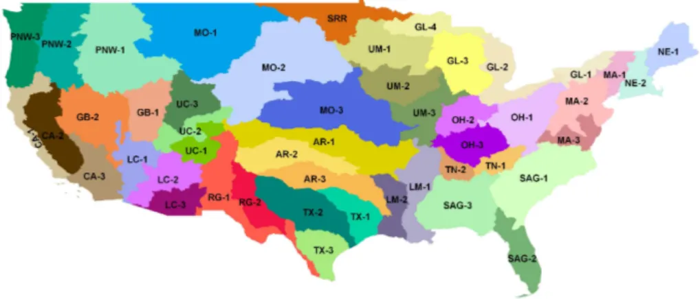 Fig. 1. 48 hydrologic sub-regions of the CONUS as used in this study, based on aggregation of 221 USGS sub-regions.