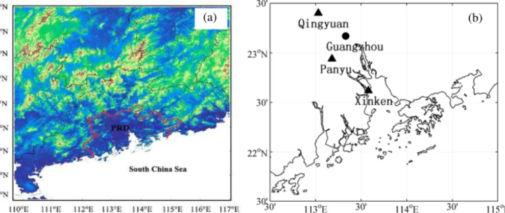 Fig. 1. Map of the surface and altitude measurements performed during the PRD ABL experi- experi-ment