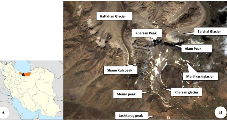 Figure 1. A. Alamkuh, Mazandaran province, Iran (▲ ), B. Highland condition with main peaks in Khersan glacier territoryHaftkhan Glacier