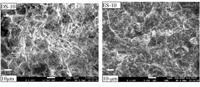 Figure 5. SEM micrograph of the fractured surfaces of samples containing domestic and  external scrap designated as (a) DS-10 and (b) ES-10