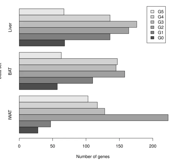 Fig 5. Barplot of the number of genes against phases. Bar plot summarizing the number of genes in each phase for the IWAT, BAT and Liver data sets from the results in Table 1.