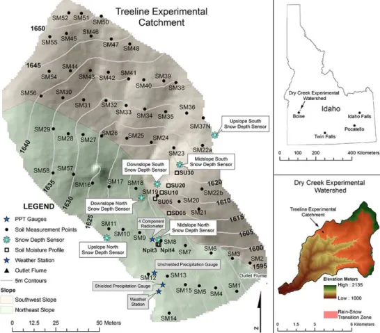 Figure 1. Location map of the Treeline experimental catchment in the Dry Creek experimental watershed and the location of instruments and measurement points.