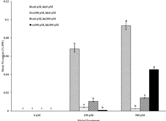 Figure 2A. The Mean of shoot nickel accumulation determined and three-way ANOVA with multiple but equal  number of observations per test tube for the effects of individual treatments and their interactive  effects on Ni content changes in Cal-J N3 cultivar