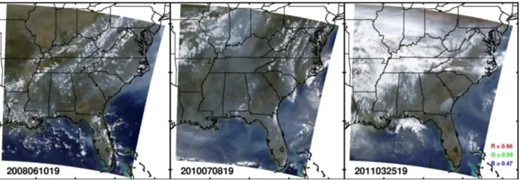 Fig. 3. The simulated RGB imagery viewed from GOES-R on 10 June 2008 (left), 8 July 2010 (middle), and 25 March 2011 (right).