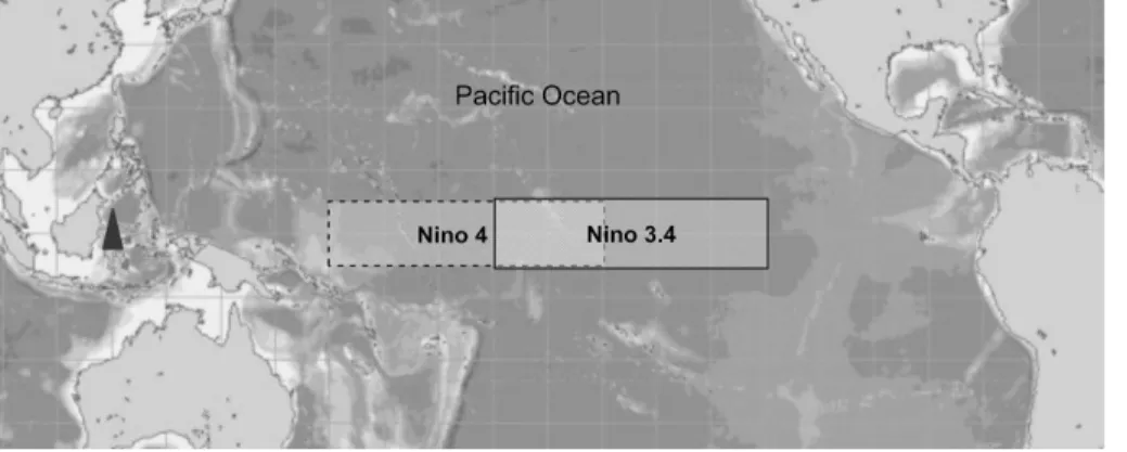 Figure 1. Geographical location of a study area (marked by black triangle) in tropical rain forest in Central Sulawesi (Indonesia) and Nino4 and Nino3.4 regions.