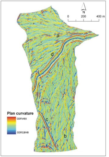 Fig. 7. Roughness index map: (a) area with high values of rugged- rugged-ness (debris-flow levees and lobes), (b) low values of roughness index along a pipeline, (c) distal areas of the fan with low values of the index, (d) high values of roughness emphasi