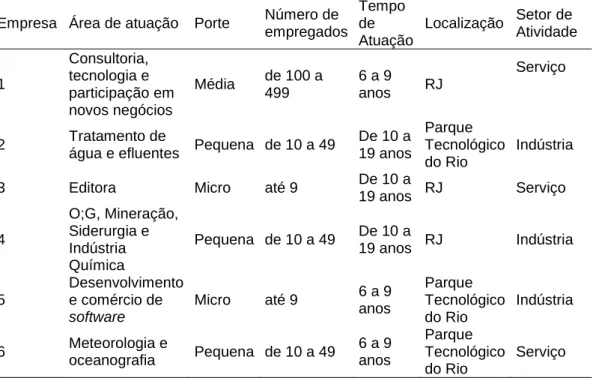 Tabela 1: Caracterização das empresas participantes da pesquisa  Empresa  Área de atuação  Porte  Número de 