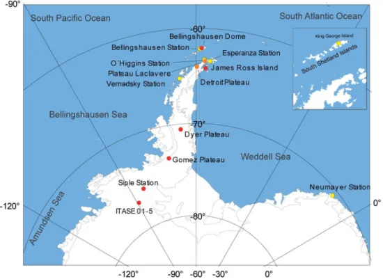 Fig. 1. Map showing all locations mentioned in this paper, as stations in Antarctica (yellow dots), ice/firn core retrieve locations (red points), and ongoing and future research areas (orange dots).