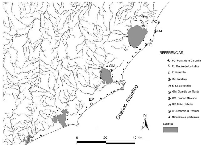 Figura 7: Emplazamiento de sitios arqueológicos del litoral Atlántico Fonte: Modificado de FERNANDEZ et al., 2018.