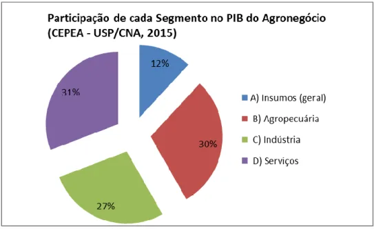 FIGURA 1 - PARTICIPAÇÃO DE CADA SEGMENTO NO PIB DO AGRONEGÓCIO (CEPEA -  USP/CNA, 2015) 