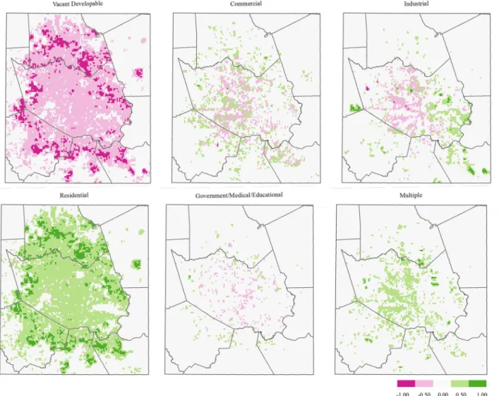Fig 4. Difference maps (2040 – 2010), HGAC land use type. Red represents the loss of a specified land use type, whereas green represents a gain.