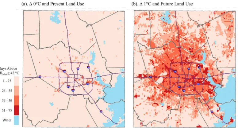 Fig 7. Average annual number of May-September days exceeding the NWS threshold (two consecutive days with HI max > 42°C) for initiating a heat advisory for (a) the baseline scenario and (b) the combined climate and land use change scenario, 1-km grid, H