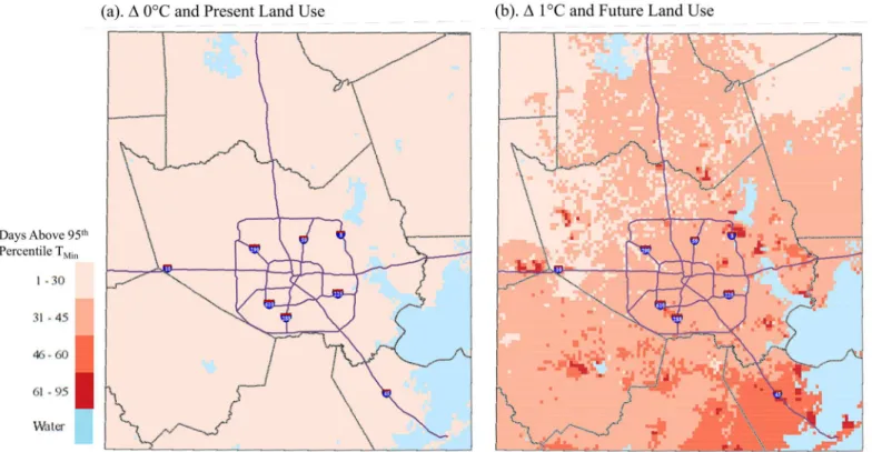 Fig 8. Average annual number of May-September days exceeding the 95 th Percentile of T min for (a) the baseline scenario and (b) the combined climate and land use change scenario, 1-km grid, Houston study area.