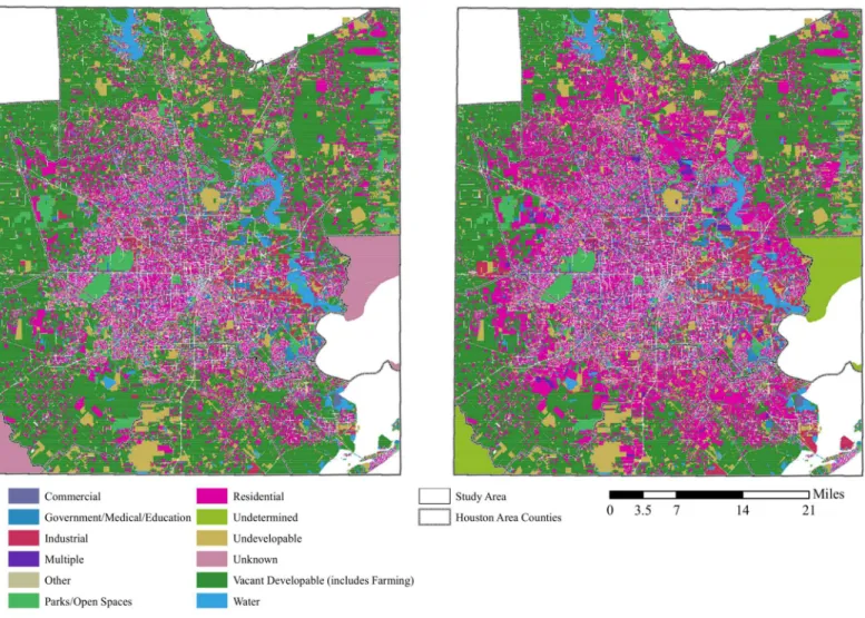 Fig 2. H-GAC land use, by parcel, present (2010; left) and future (2040; right).