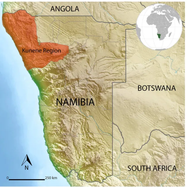 Fig 1. The location of the Kunene Region (red shaded area) in north-western Namibia (sourced from https://en.wikipedia.org/wiki/Template: