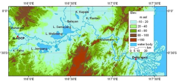 Fig. 1. Location of H-ADCP discharge station in the Mahakam River, plotted on a digital elevation model obtained from Shuttle Radar Topographic Mission (SRTM) data.