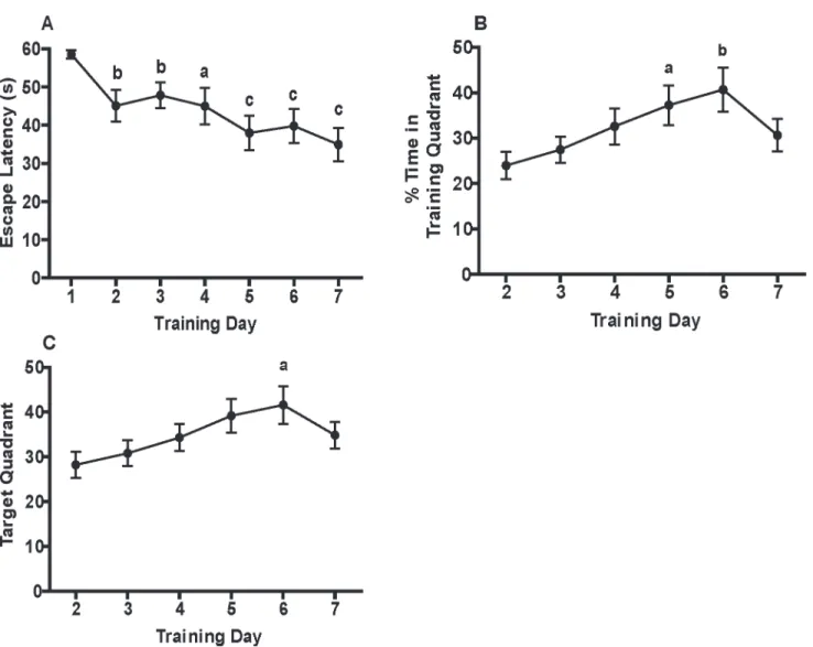 Fig 1. Weanling mice exhibit spatial learning in the Morris water maze (MWM). Spatial learning was assessed as a function of training day with respect to the following parameters: (A) escape latency, (B) percentage of time spent in the target quadrant, and