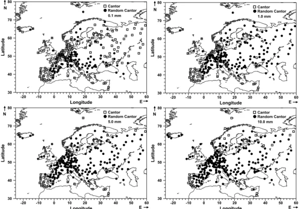 Fig. 4. Spatial distribution of sites where lacunarity curves are best fitted to Cantor (open squares) or random Cantor (solid circles) sets.