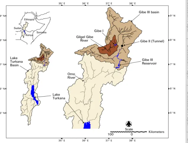 Fig. 1. Study area showing Lake Turkana and its watershed; location of Gibe dams on the Omo River, Ethiopia are also shown.