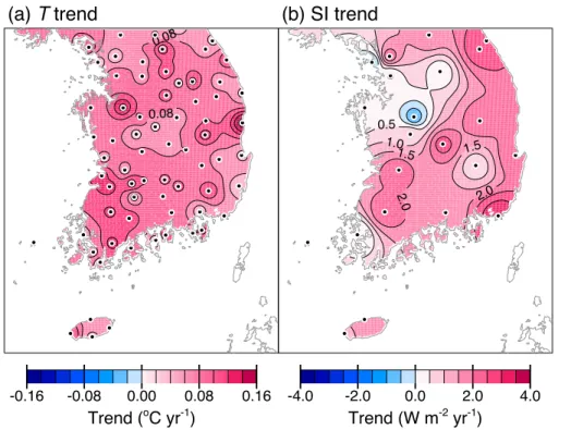 Fig. 4. Spatial distributions of temporal linear trends of (a) daily average temperature (T ) and (b) daily average surface insolation (SI) for the period 1999–2010 using data from 72 and 22 weather stations (black dots) of KMA, respectively.
