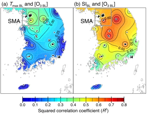 Fig. 5. Spatial distributions of squared correlation coe ffi cients (R 2 ) between baselines of O 3 8 h ([O 3 BL ]) and (a) daily maximum temperature (T max BL ) and (b) surface insolation (SI BL )