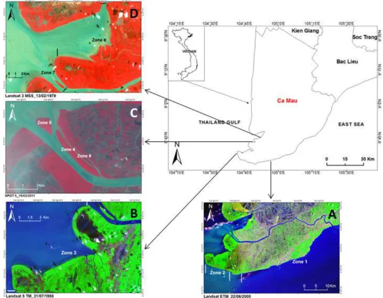Figure 1. Map of the study area. It is divided into eight zones that depend on coastal characteristics and availability of remotely sensed data.