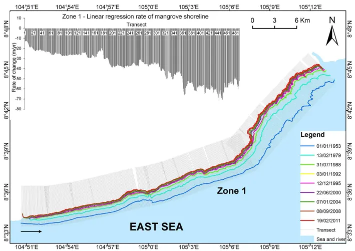 Figure 2. Mangrove shoreline changes in zone 1 which is located between Bo De and O Ro river mouths, along the East Sea