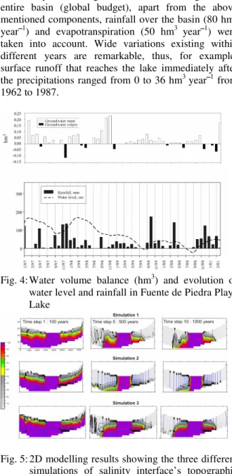 Fig. 4: Water  volume  balance  (hm 3 )  and  evolution  of  water level and rainfall in Fuente de Piedra Playa  Lake 